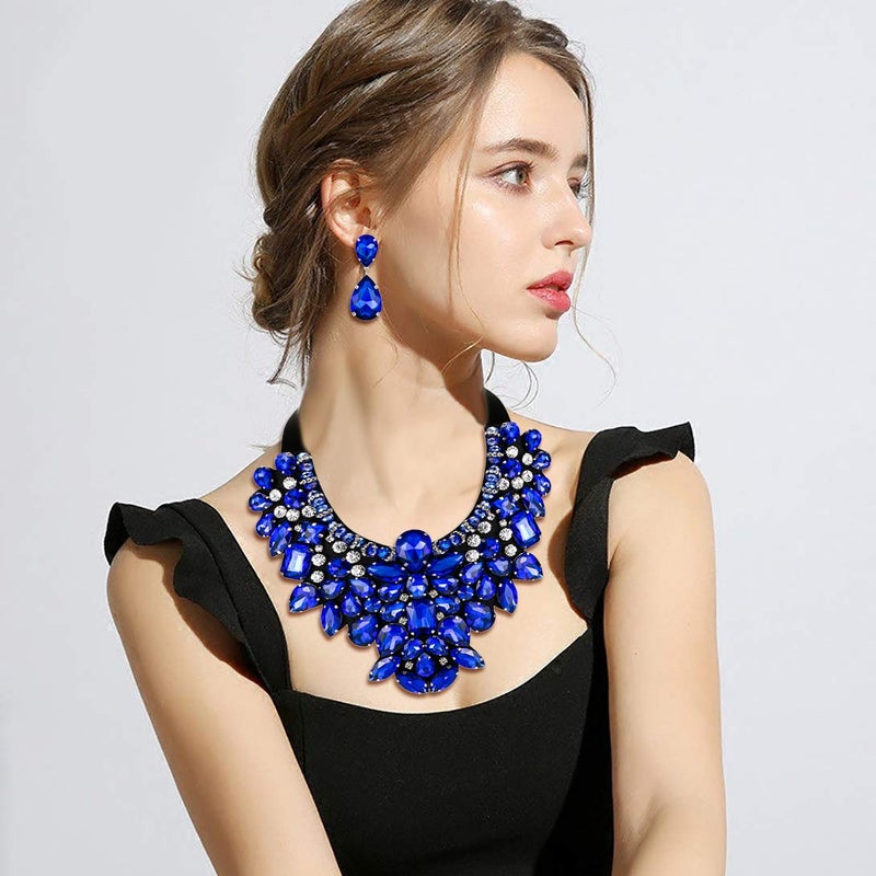 Flyonce Costume Jewelry for Women, Rhinestone Crystal Statement Necklace Earrings Set Blue - Image 4